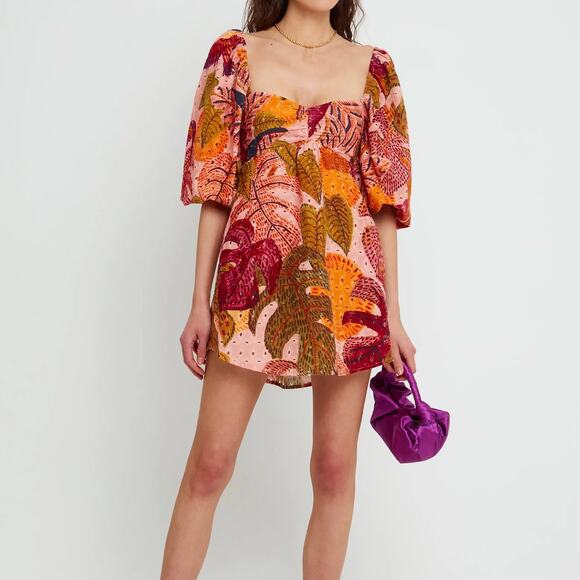 Kourt Robbie Mini Dress Cotton Eyelet Tropical Palm Print Puff Sleeves Coral XS - Picture 1 of 14